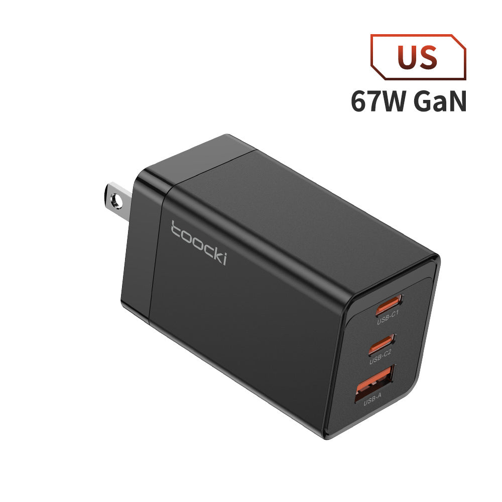 67W Pole Charger Gallium Nitride Three-port Fast Charging Charger in black, designed for quick charging tablets and laptops.