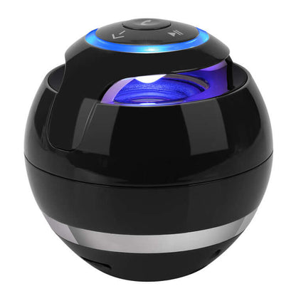 Wireless bluetooth speaker in sleek black design with colorful lighting and compact structure.