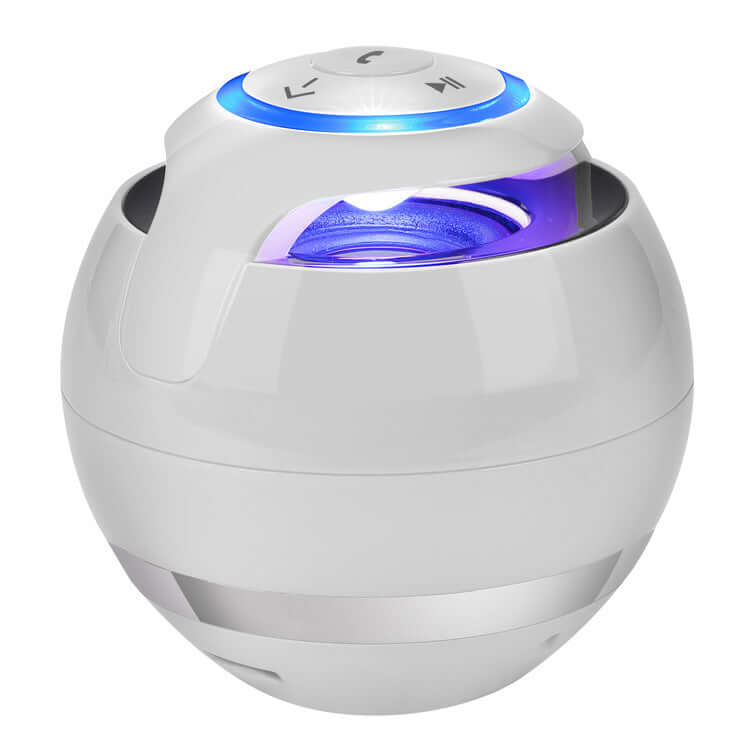 Wireless bluetooth speaker with blue LED light and simple control buttons, designed for portable audio enjoyment.