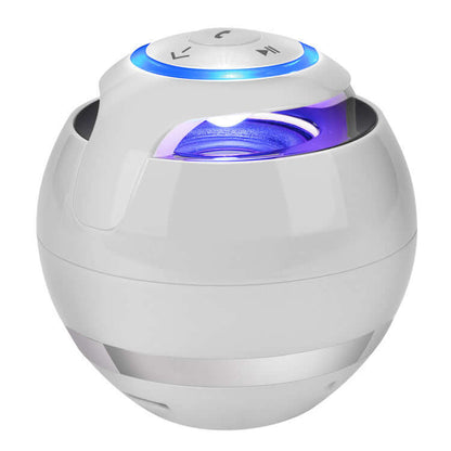 Wireless bluetooth speaker with blue LED light and simple control buttons, designed for portable audio enjoyment.