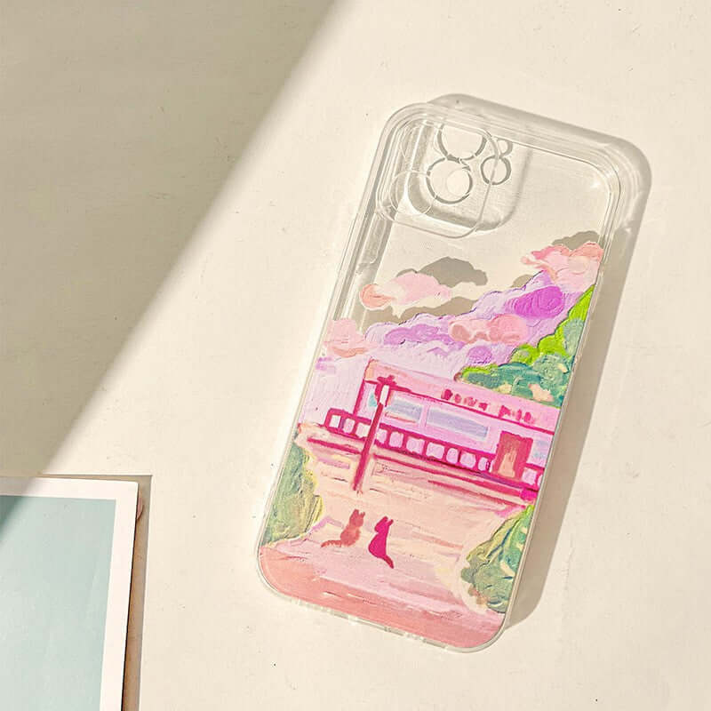 Soft silicone two cat mobile phone case featuring a colorful landscape design with two cats.