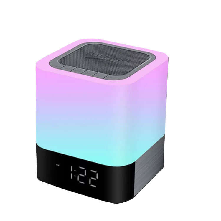 Bluetooth Speaker with LED night light and clock display, 100x100x112MM size.