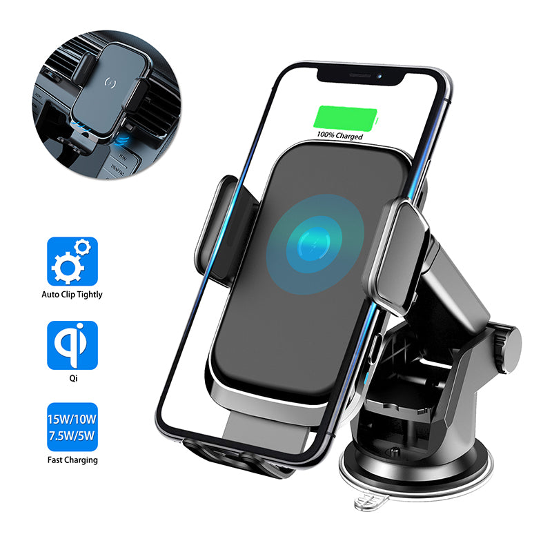 Car wireless charger mounted on dashboard with phone, displaying 100% charged status and fast charging capabilities.