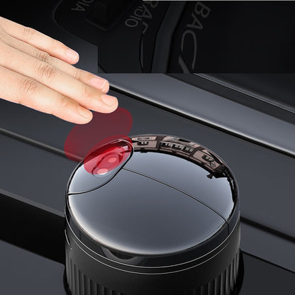 Multi-functional Creative Smart Car Ashtray With Lid in use, showcasing touch activation feature on glossy black surface.