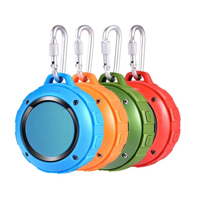 Colorful waterproof Bluetooth speakers with carabiners, showcasing Bluetooth technology and portability.