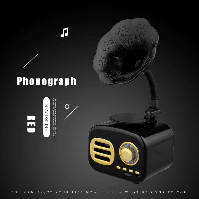 Bluetooth speaker phonograph in red with vintage design and decorative horn.
