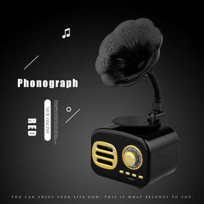 Bluetooth speaker phonograph in red with vintage design and decorative horn.