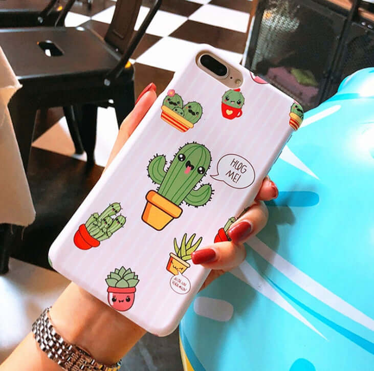 Cactus cartoon iPhone case featuring cute floral and animal prints for stylish device protection.