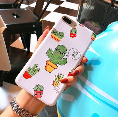 Cactus cartoon iPhone case featuring cute floral and animal prints for stylish device protection.