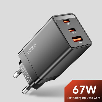67W Pole Charger Gallium Nitride Three-port Fast Charging Charger in black color with three USB ports.