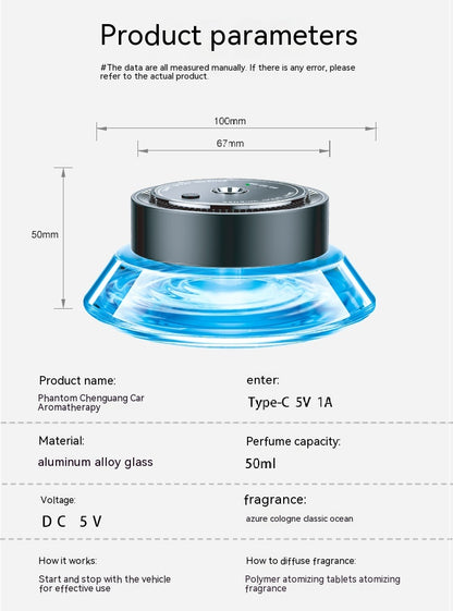 Smart Spray Car Mounted Fragrance Accessories image showcasing design and product parameters including capacity and material.