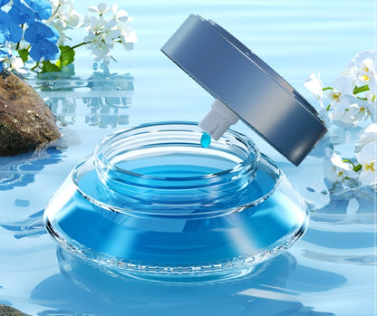 Smart Spray Car Mounted Fragrance Accessories in blue glass jar with lid, surrounded by flowers and water.