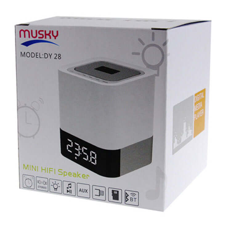 Bluetooth Speaker in a box featuring clock display and mini HiFi functionality by Musky Model DY 28.