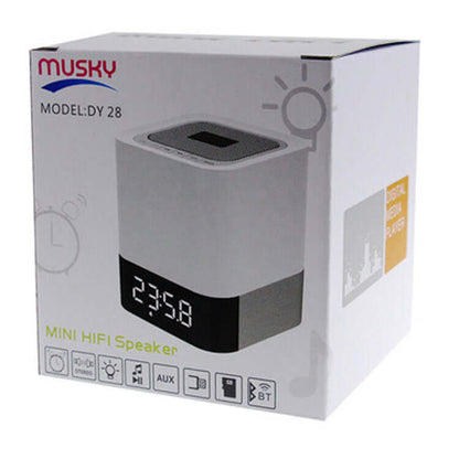Bluetooth Speaker in a box featuring clock display and mini HiFi functionality by Musky Model DY 28.