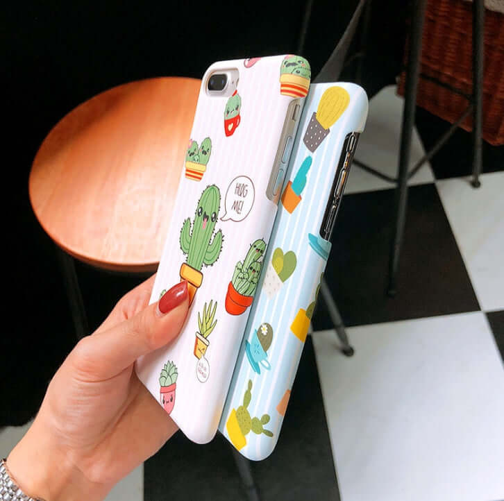 cactus cartoon iPhone case featuring colorful floral and animal prints on a matte hard PC cover.