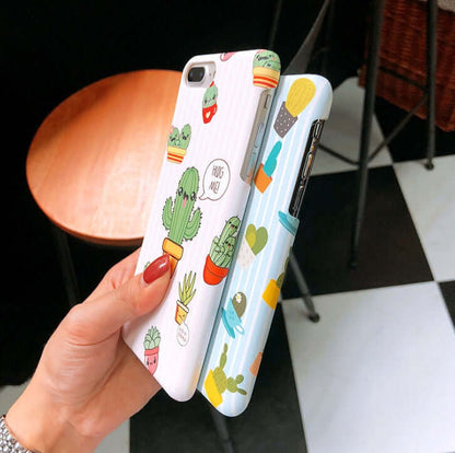 cactus cartoon iPhone case featuring colorful floral and animal prints on a matte hard PC cover.
