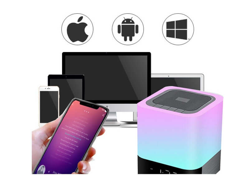 Bluetooth Speaker with LED night light compatible with Apple, Android, and Windows devices.