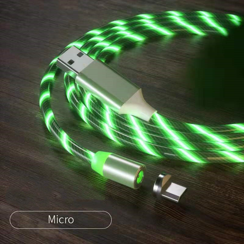 Magnetic Charging Cable Streamer Fast Charging Cable Lighting Micro USB Cable LED Magnet Charger Type-C Cable with green light.