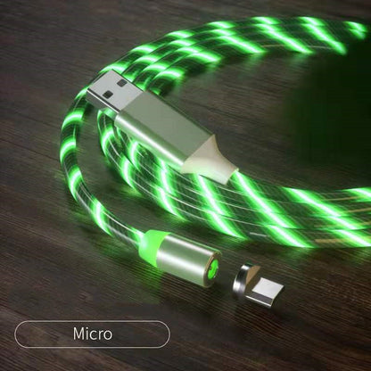 Magnetic Charging Cable Streamer Fast Charging Cable Lighting Micro USB Cable LED Magnet Charger Type-C Cable with green light.