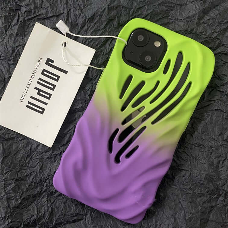 Titanium gray hollow iPhone case with wind hollowed-out design for stylish protection and heat dissipation.