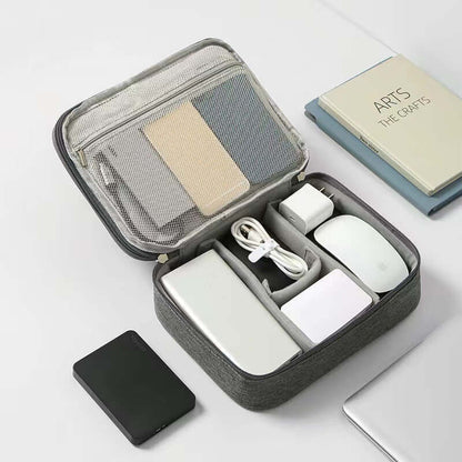 Data Cable Storage Bag Travel Portable Digital Accessories open showing cables and chargers in gray double layer design.