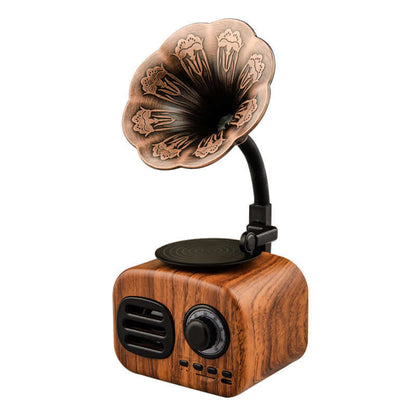 Bluetooth speaker phonograph with vintage design and a copper horn.