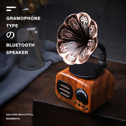 Bluetooth speaker phonograph with a vintage gramophone design and wooden base, perfect for recording beautiful moments.