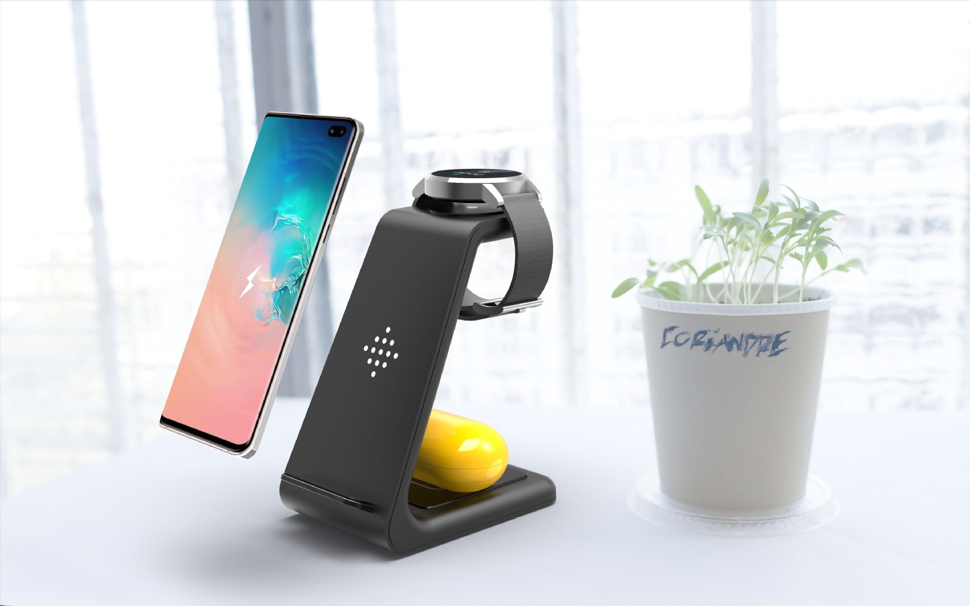 3 In 1 Fast Charging Station Wireless Charger Stand Wireless Quick Charge Dock For Phone Holder showing phone, watch, and earbuds.