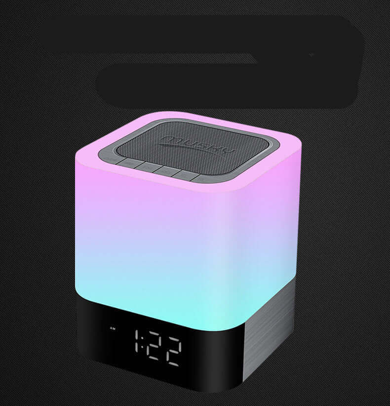 Bluetooth Speaker with LED night light and alarm clock features, compact design 100x100x112MM.