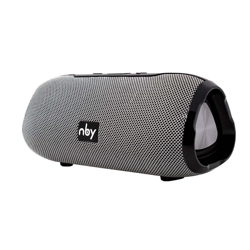 Bluetooth wireless speaker with a sleek silver iron mesh design and durable rubber casing.