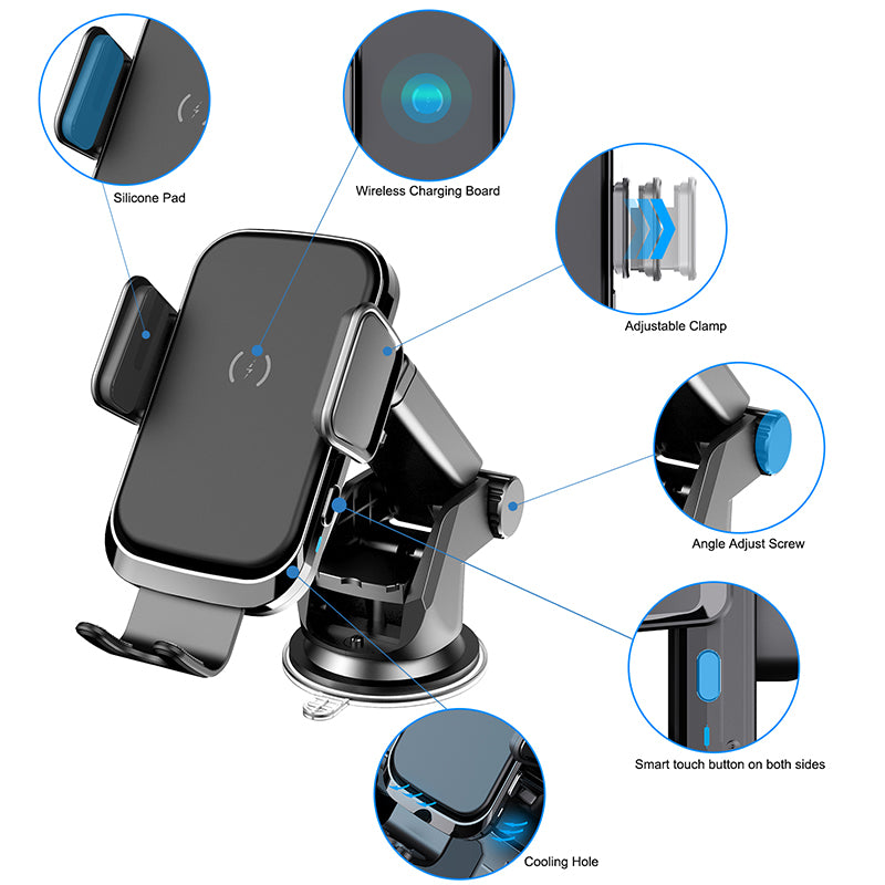 Car wireless charger with adjustable clamp, silicone pad, and cooling hole for efficient charging.