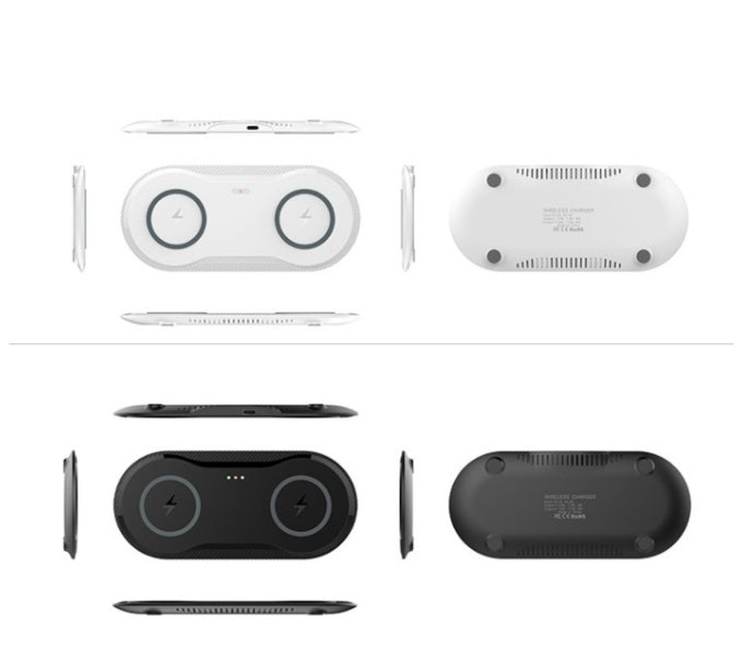 Wireless Charger design featuring dual Qi fast charging pad in white and black.