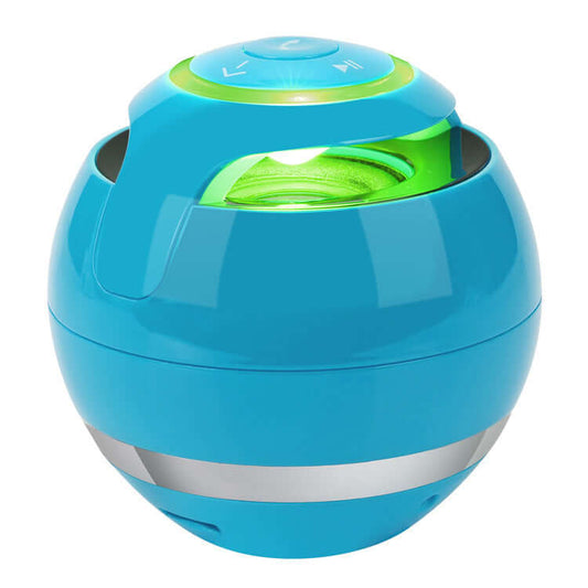 Wireless bluetooth speaker in bright blue color with control buttons on top and trendy spherical design.