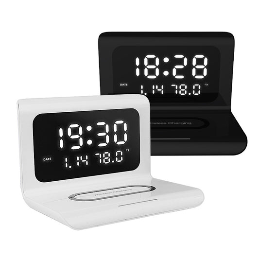 Multifunctional wireless charger with digital clock display in black and white.