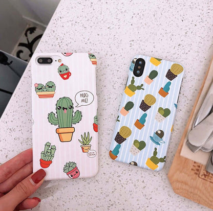Cute cactus cartoon iPhone case designs featuring floral and animal prints on a matte hard PC back cover.
