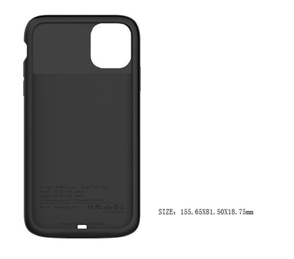 Phones Charger for iPhone 11 with 5000mAh capacity, black back clip battery case, ABS and TPU material.