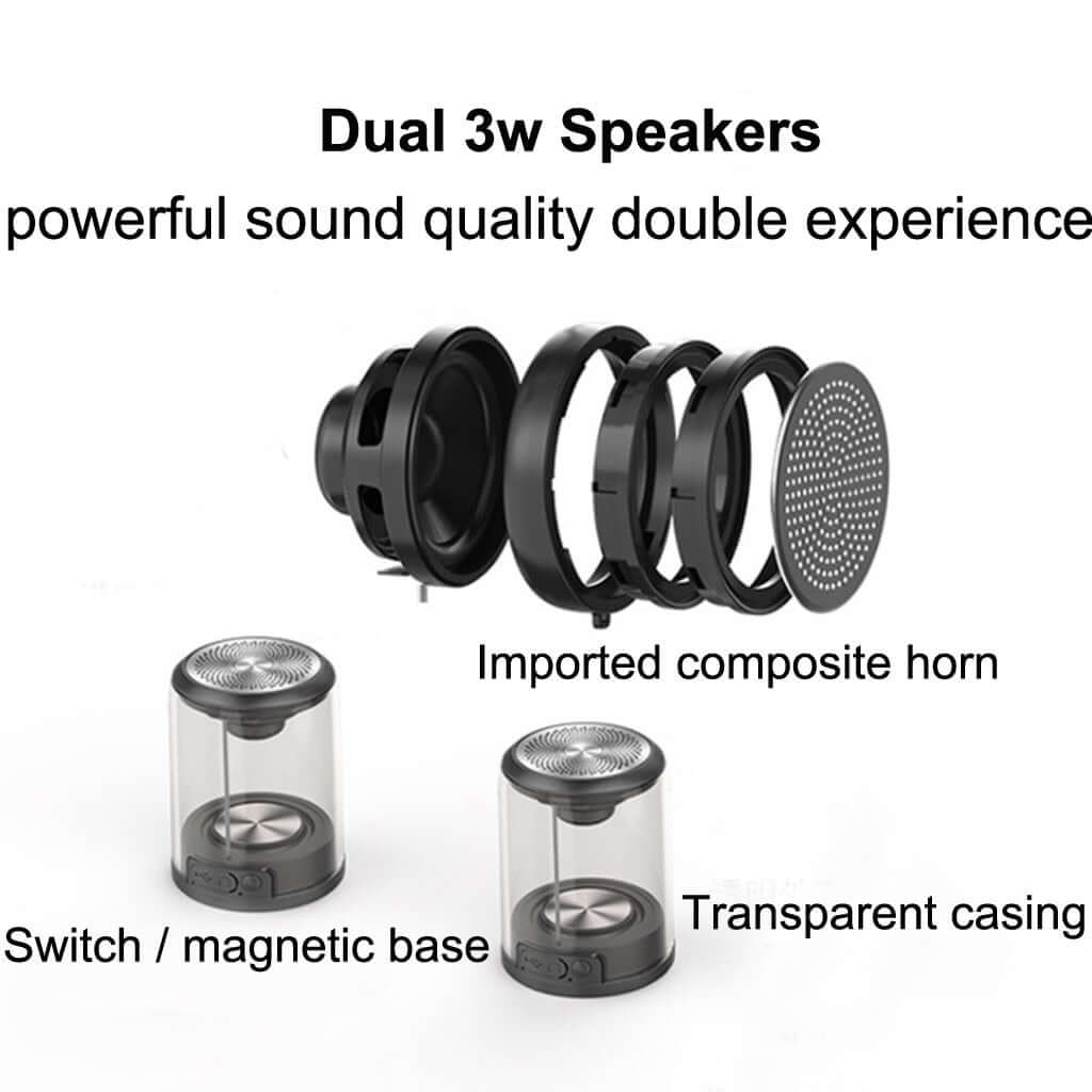 Bluetooth speaker magnetic transparent speaker showing dual 3w speakers and transparent casing design.