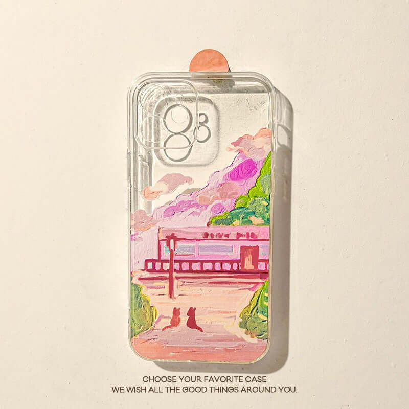 Soft silicone two cat mobile phone case with scenic design for iPhone, perfect for cat lovers.