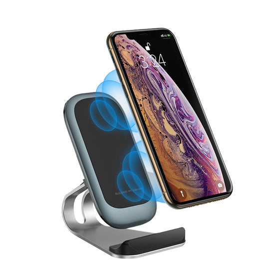 Mobile phone wireless charger in use, showing wireless charging with indication function and sleek design.