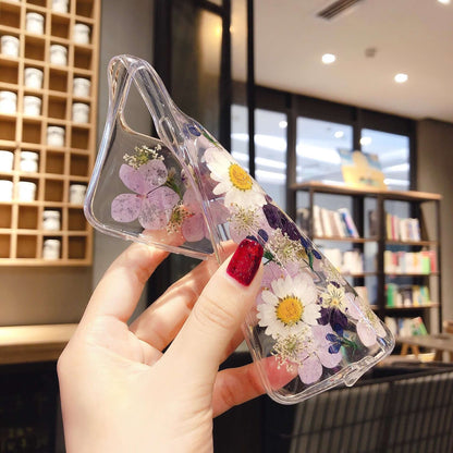 Preserved flower phone cases featuring vibrant floral designs and protective epoxy for various iPhone models.
