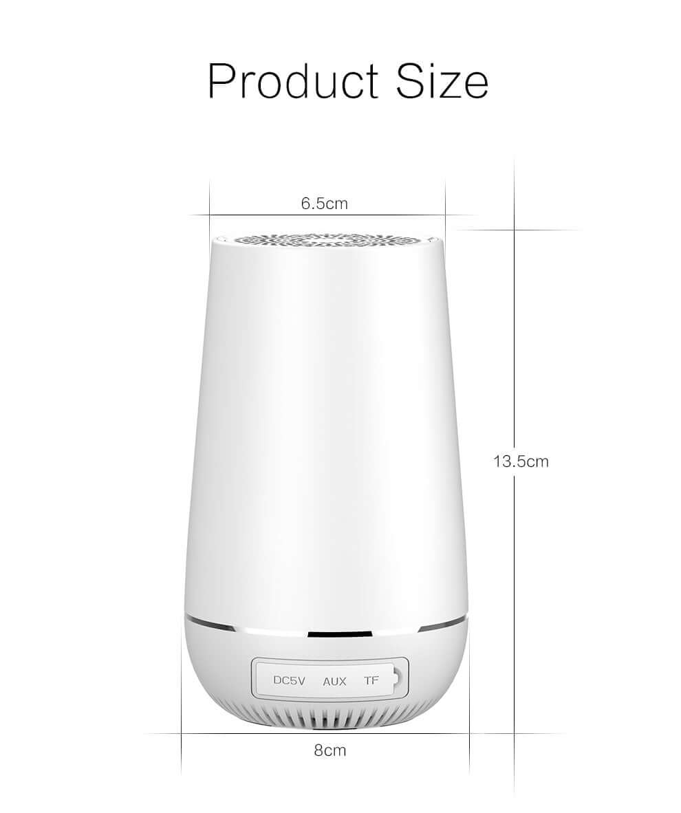 Wireless bluetooth speaker product size dimensions 6.5cm width, 8cm depth, 13.5cm height.