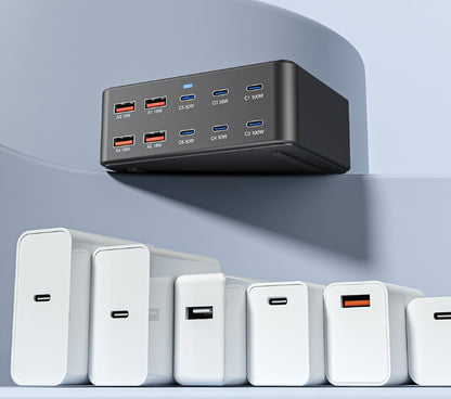 330W Super Fast Charge Porous Charger with multiple output ports displayed on a sleek surface.