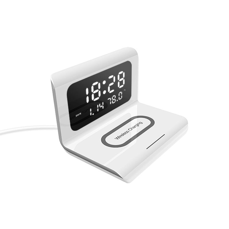 Multifunctional wireless charger with digital clock and wireless charging capabilities.