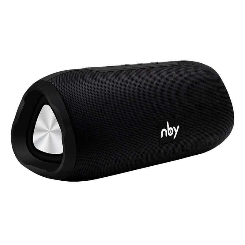 Bluetooth wireless speaker in black design with textured surface and front speaker on display.