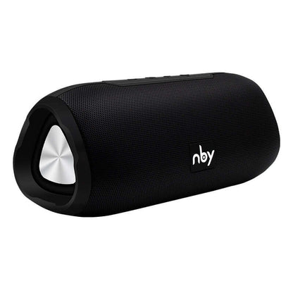 Bluetooth wireless speaker in black design with textured surface and front speaker on display.