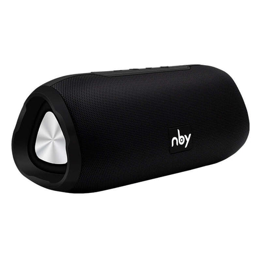 Bluetooth wireless speaker in black design with textured surface and front speaker on display.