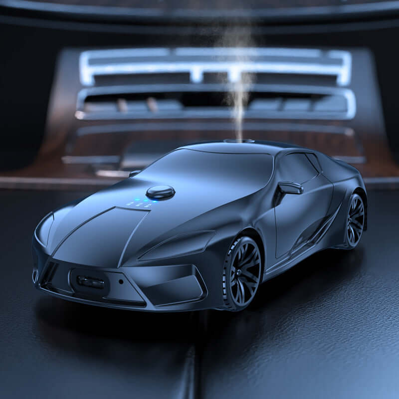 Car For Car Aromatherapy Diffuser Perfume Decoration in sleek black design, emitting fragrant mist in car interior.