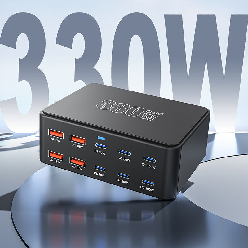 330W Super Fast Charge Porous Charger with multiple USB ports and sleek design.