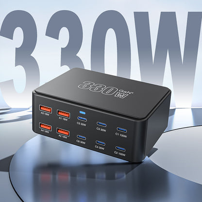 330W Super Fast Charge Porous Charger with multiple USB ports and sleek design.