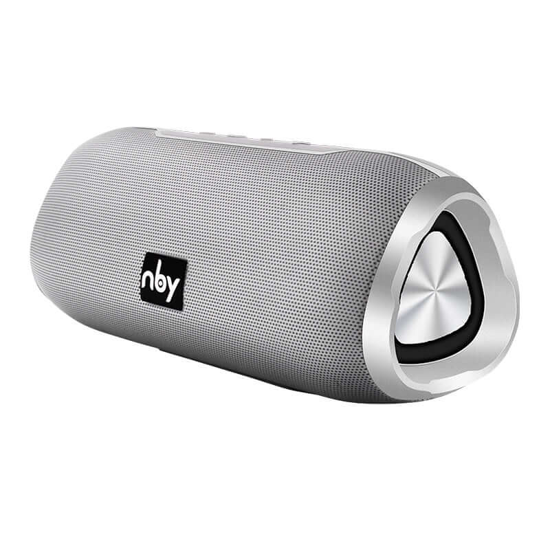 Bluetooth wireless speaker with silver design, featuring built-in FM radio and card function, compact and portable.